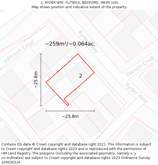 2, RYDER WAY, FLITWICK, BEDFORD, MK45 1GN: Plot and title map