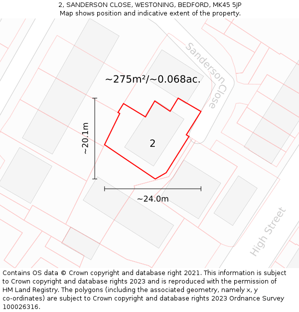2, SANDERSON CLOSE, WESTONING, BEDFORD, MK45 5JP: Plot and title map
