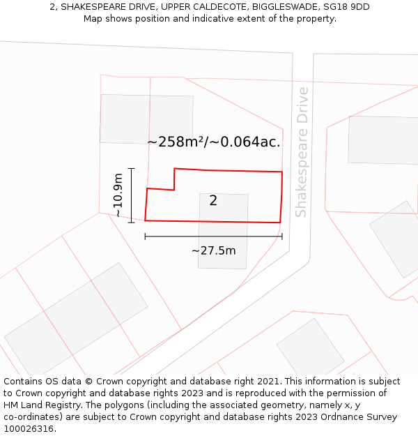 2, SHAKESPEARE DRIVE, UPPER CALDECOTE, BIGGLESWADE, SG18 9DD: Plot and title map