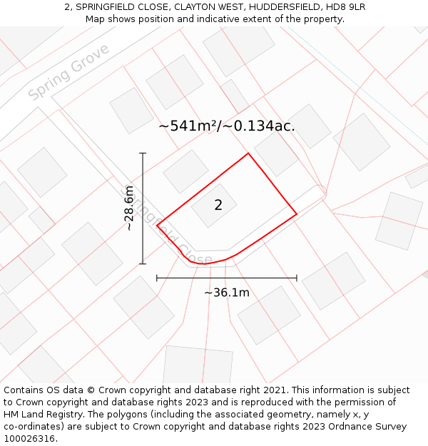 2, SPRINGFIELD CLOSE, CLAYTON WEST, HUDDERSFIELD, HD8 9LR: Plot and title map