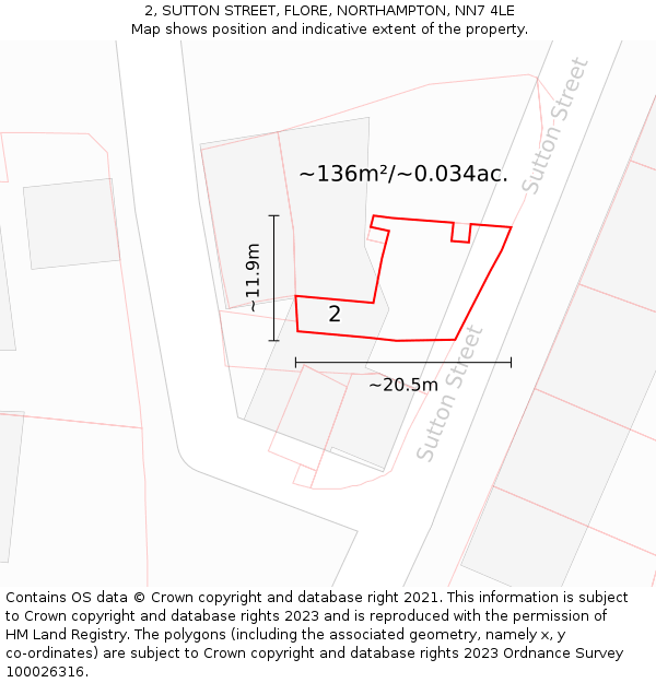 2, SUTTON STREET, FLORE, NORTHAMPTON, NN7 4LE: Plot and title map