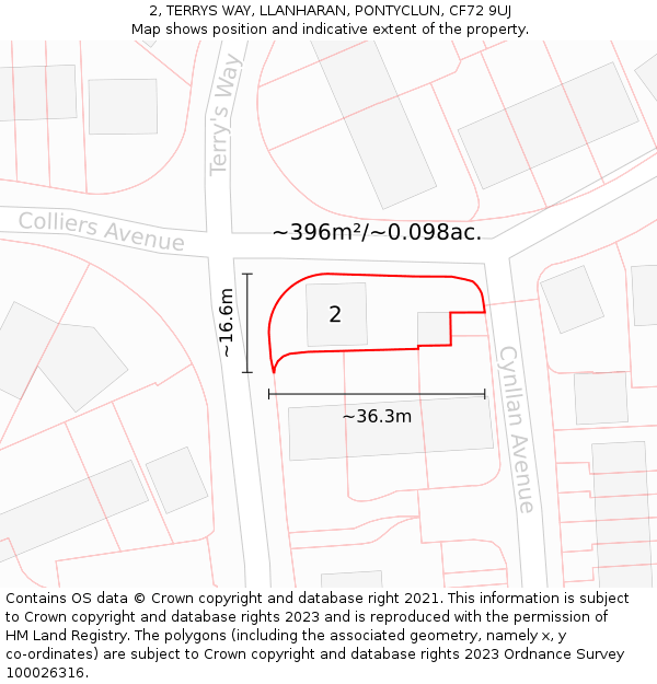 2, TERRYS WAY, LLANHARAN, PONTYCLUN, CF72 9UJ: Plot and title map