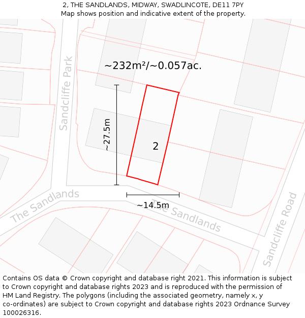 2, THE SANDLANDS, MIDWAY, SWADLINCOTE, DE11 7PY: Plot and title map
