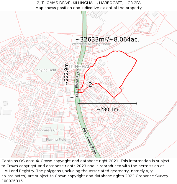 2, THOMAS DRIVE, KILLINGHALL, HARROGATE, HG3 2FA: Plot and title map