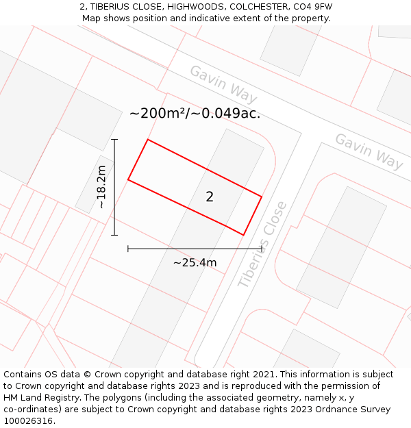 2, TIBERIUS CLOSE, HIGHWOODS, COLCHESTER, CO4 9FW: Plot and title map