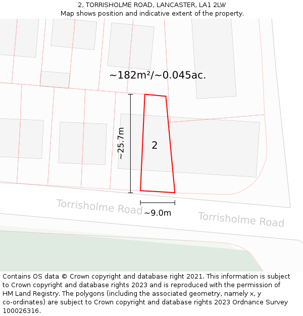 2, TORRISHOLME ROAD, LANCASTER, LA1 2LW: Plot and title map