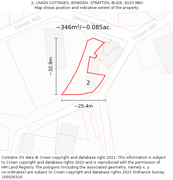 2, UNION COTTAGES, BOWDEN, STRATTON, BUDE, EX23 9BH: Plot and title map