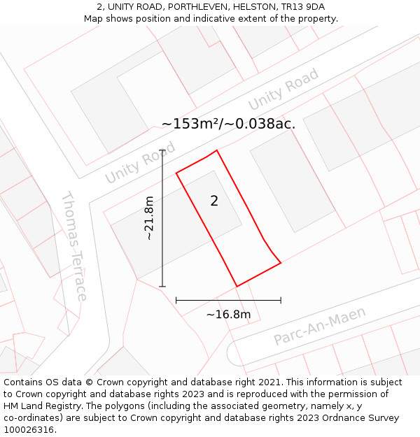2, UNITY ROAD, PORTHLEVEN, HELSTON, TR13 9DA: Plot and title map