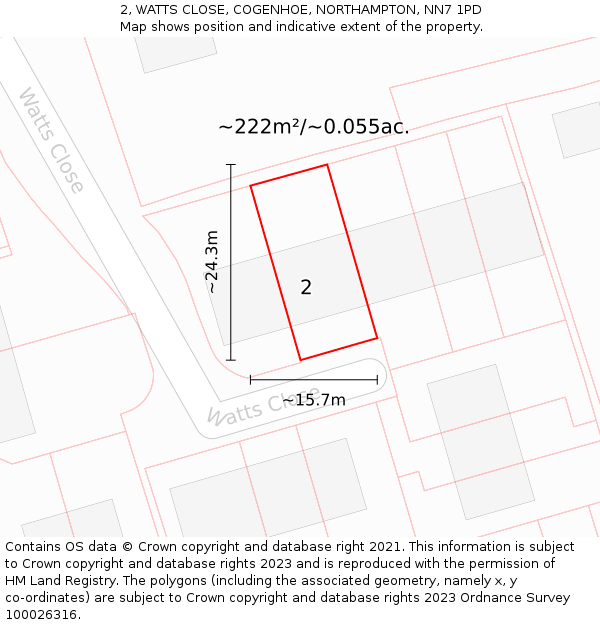 2, WATTS CLOSE, COGENHOE, NORTHAMPTON, NN7 1PD: Plot and title map