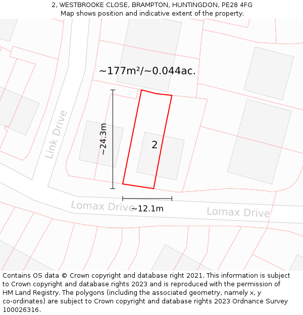 2, WESTBROOKE CLOSE, BRAMPTON, HUNTINGDON, PE28 4FG: Plot and title map