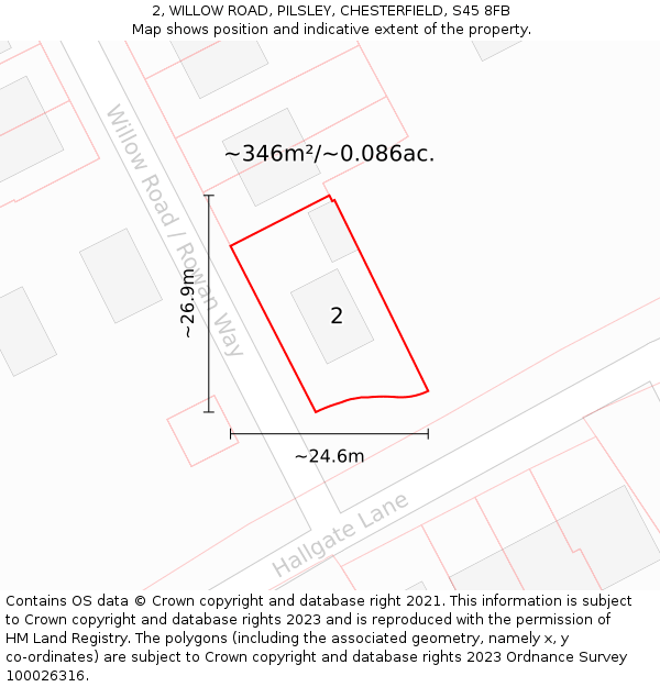 2, WILLOW ROAD, PILSLEY, CHESTERFIELD, S45 8FB: Plot and title map