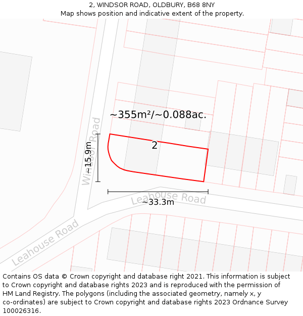 2, WINDSOR ROAD, OLDBURY, B68 8NY: Plot and title map