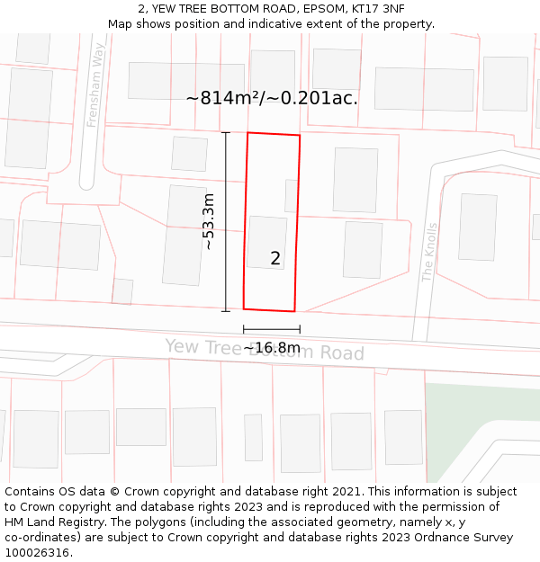 2, YEW TREE BOTTOM ROAD, EPSOM, KT17 3NF: Plot and title map