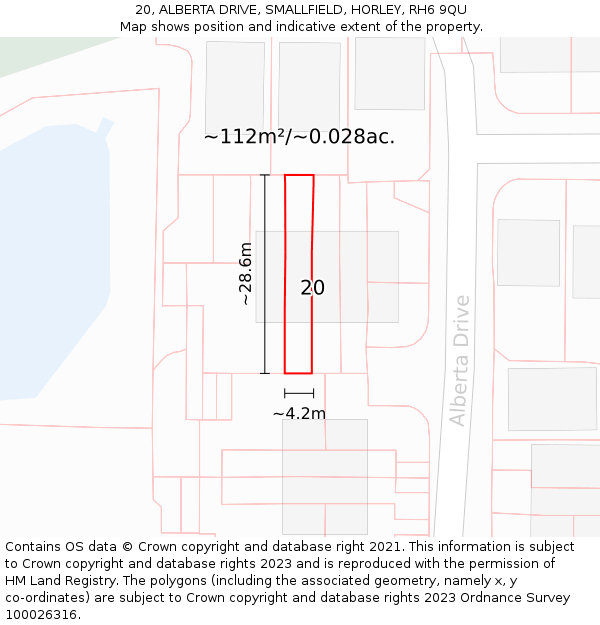 20, ALBERTA DRIVE, SMALLFIELD, HORLEY, RH6 9QU: Plot and title map
