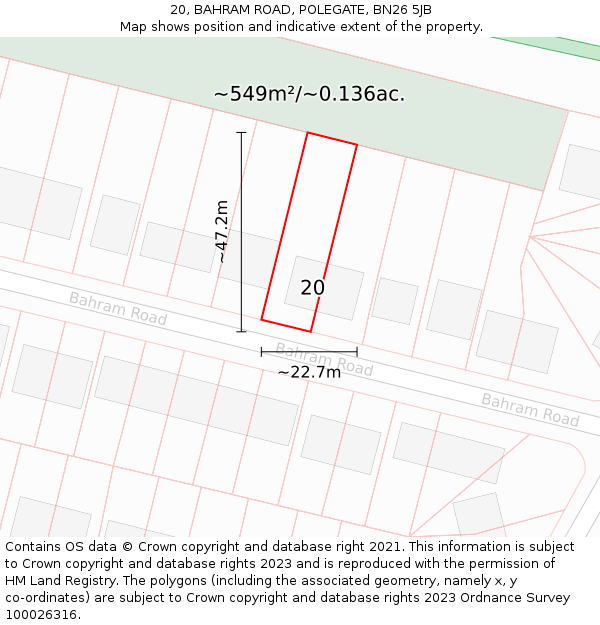 20, BAHRAM ROAD, POLEGATE, BN26 5JB: Plot and title map