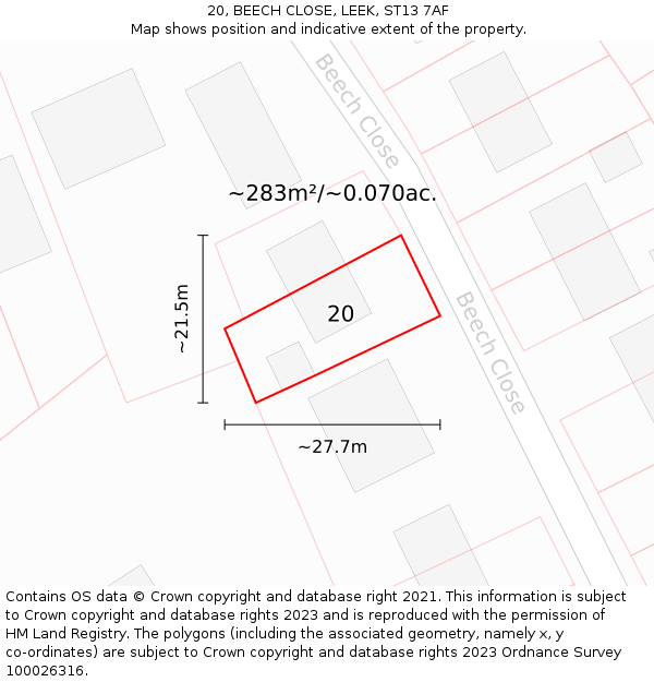 20, BEECH CLOSE, LEEK, ST13 7AF: Plot and title map