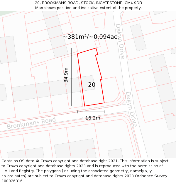 20, BROOKMANS ROAD, STOCK, INGATESTONE, CM4 9DB: Plot and title map