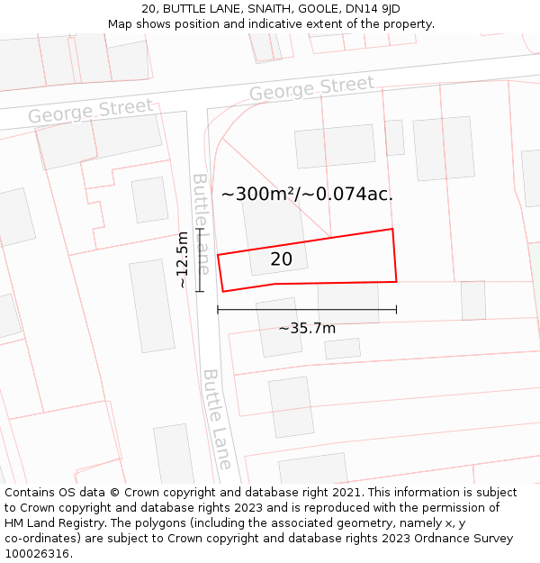 20, BUTTLE LANE, SNAITH, GOOLE, DN14 9JD: Plot and title map