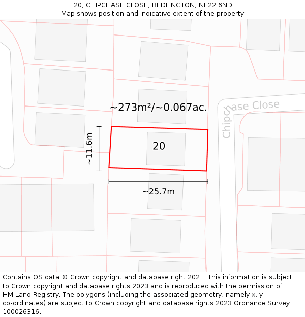 20, CHIPCHASE CLOSE, BEDLINGTON, NE22 6ND: Plot and title map
