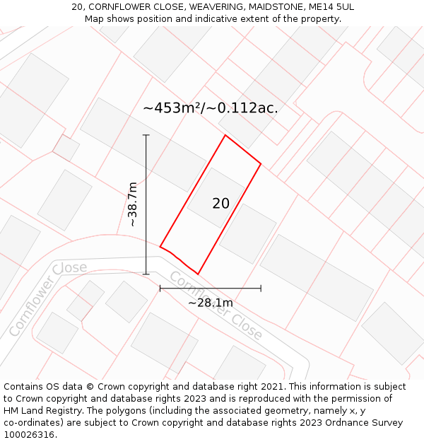 20, CORNFLOWER CLOSE, WEAVERING, MAIDSTONE, ME14 5UL: Plot and title map