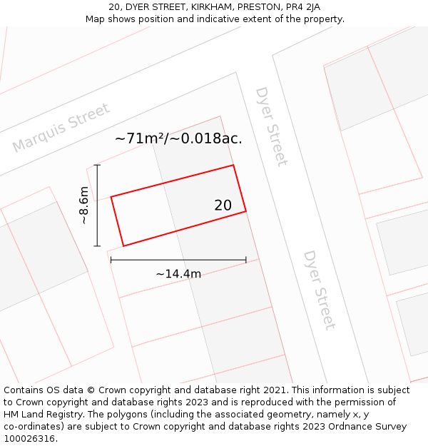 20, DYER STREET, KIRKHAM, PRESTON, PR4 2JA: Plot and title map