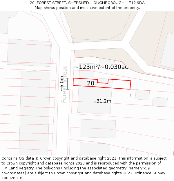 20, FOREST STREET, SHEPSHED, LOUGHBOROUGH, LE12 9DA: Plot and title map