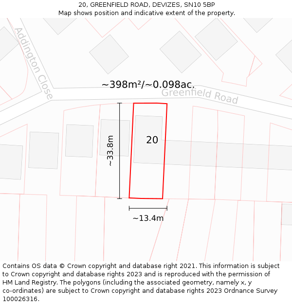 20, GREENFIELD ROAD, DEVIZES, SN10 5BP: Plot and title map
