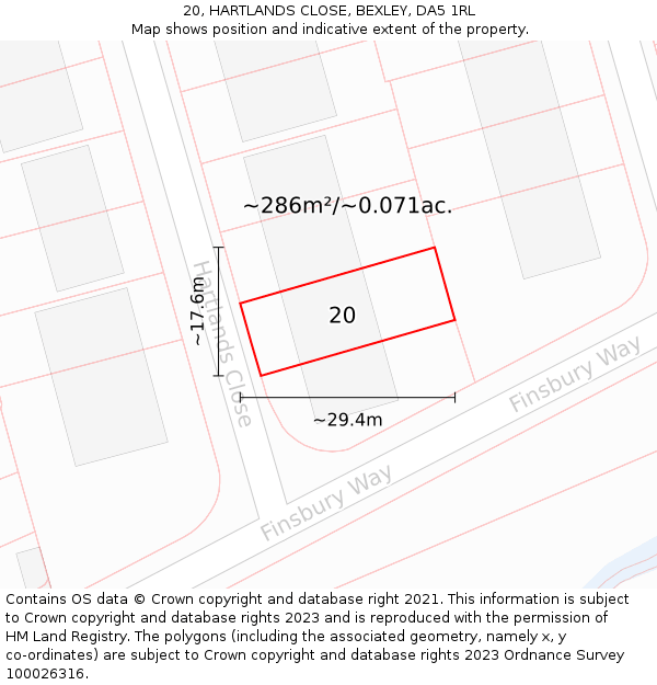 20, HARTLANDS CLOSE, BEXLEY, DA5 1RL: Plot and title map
