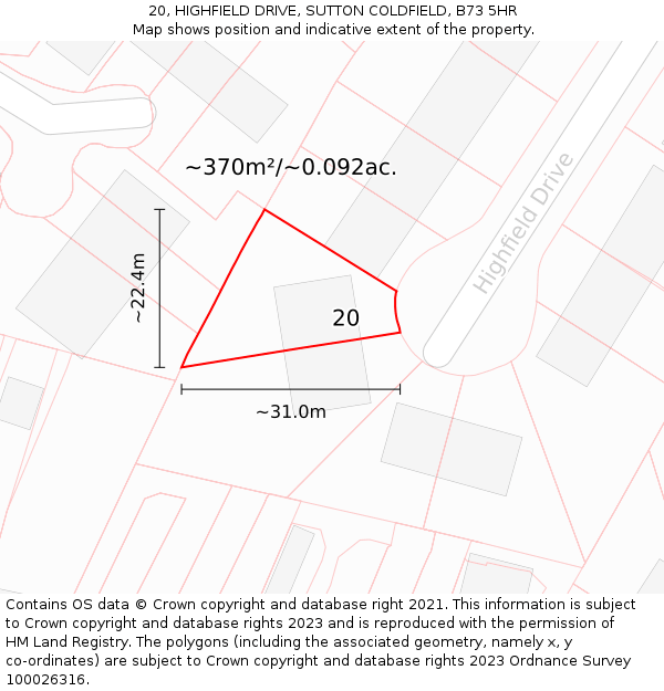 20, HIGHFIELD DRIVE, SUTTON COLDFIELD, B73 5HR: Plot and title map