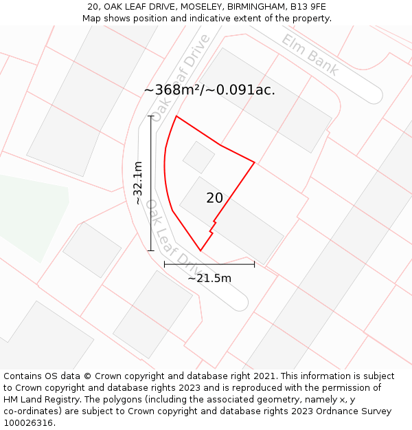 20, OAK LEAF DRIVE, MOSELEY, BIRMINGHAM, B13 9FE: Plot and title map