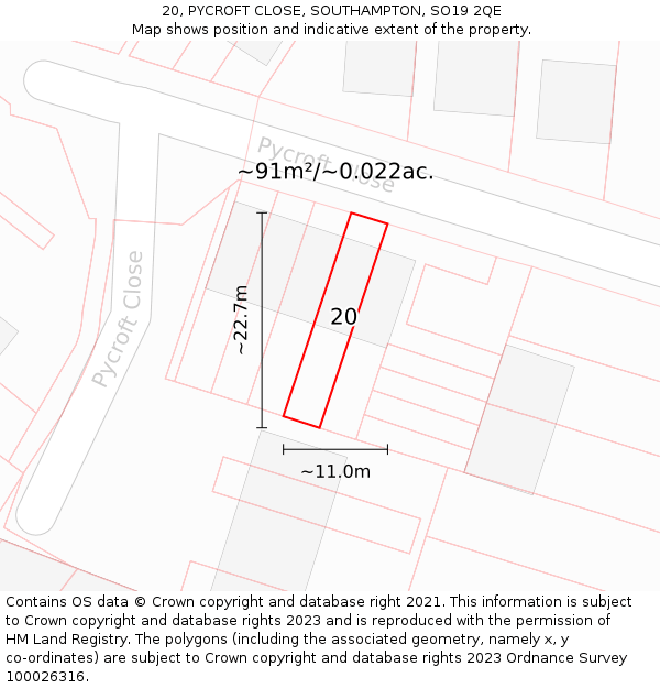20, PYCROFT CLOSE, SOUTHAMPTON, SO19 2QE: Plot and title map
