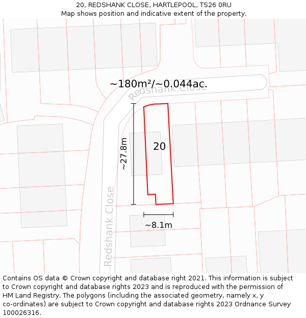 20, REDSHANK CLOSE, HARTLEPOOL, TS26 0RU: Plot and title map