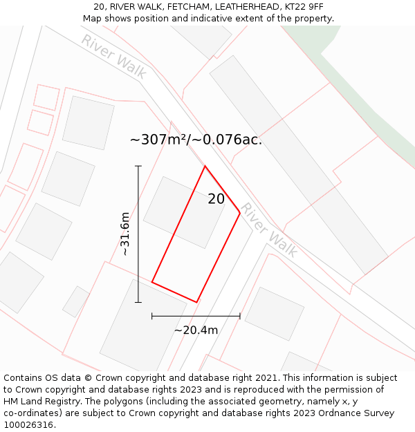 20, RIVER WALK, FETCHAM, LEATHERHEAD, KT22 9FF: Plot and title map