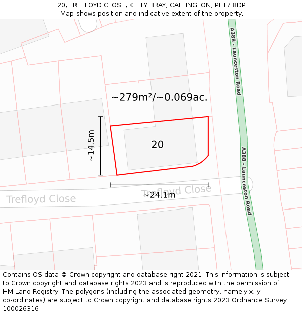 20, TREFLOYD CLOSE, KELLY BRAY, CALLINGTON, PL17 8DP: Plot and title map