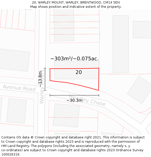 20, WARLEY MOUNT, WARLEY, BRENTWOOD, CM14 5EN: Plot and title map