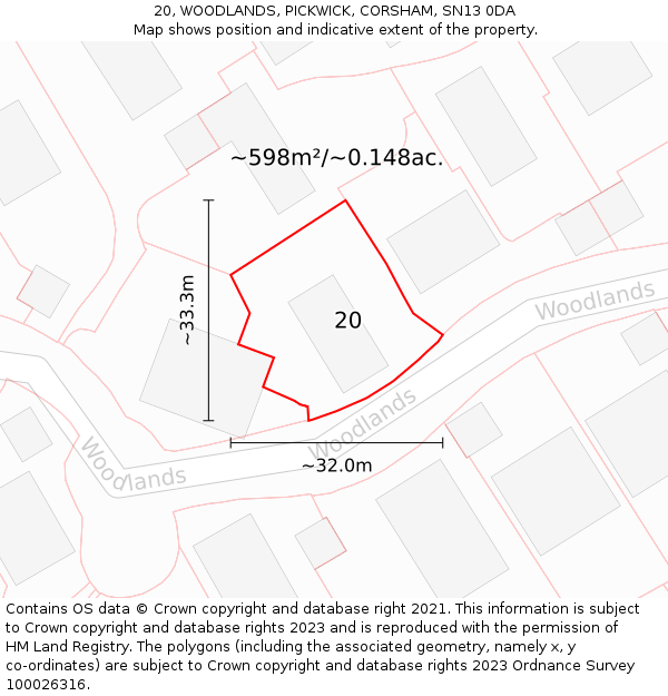 20, WOODLANDS, PICKWICK, CORSHAM, SN13 0DA: Plot and title map