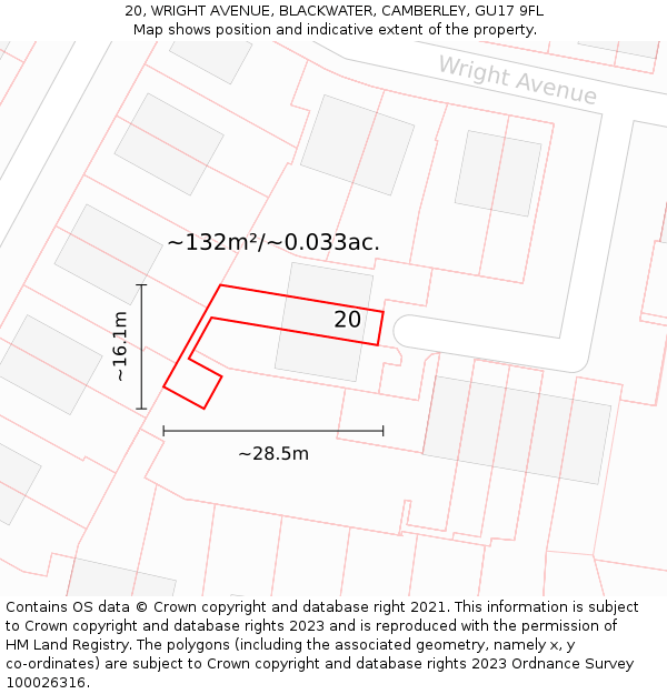 20, WRIGHT AVENUE, BLACKWATER, CAMBERLEY, GU17 9FL: Plot and title map