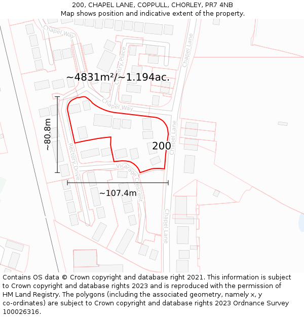 200, CHAPEL LANE, COPPULL, CHORLEY, PR7 4NB: Plot and title map