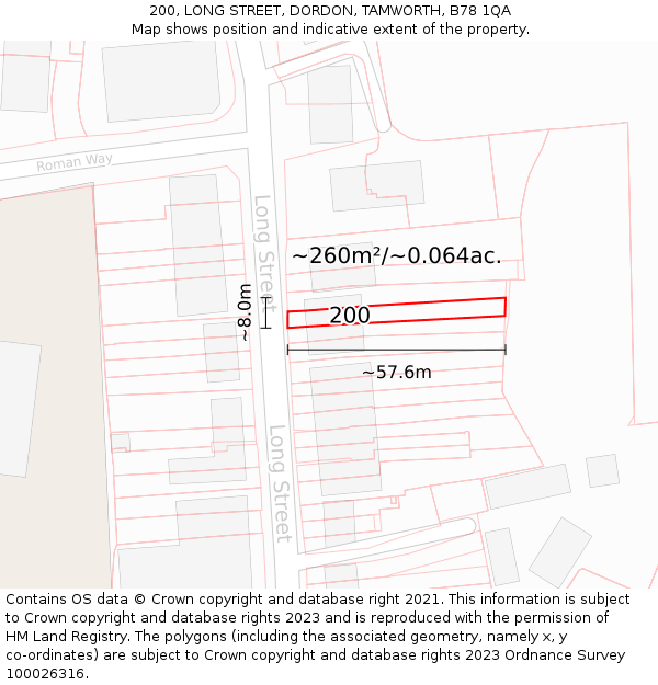 200, LONG STREET, DORDON, TAMWORTH, B78 1QA: Plot and title map
