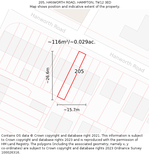 205, HANWORTH ROAD, HAMPTON, TW12 3ED: Plot and title map