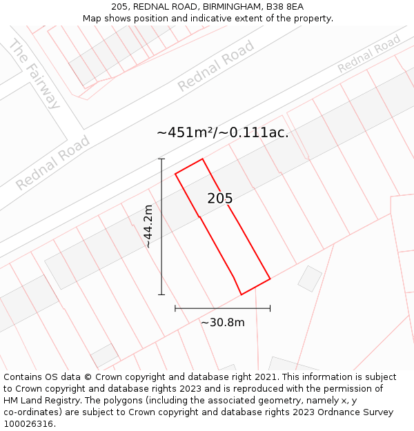 205, REDNAL ROAD, BIRMINGHAM, B38 8EA: Plot and title map