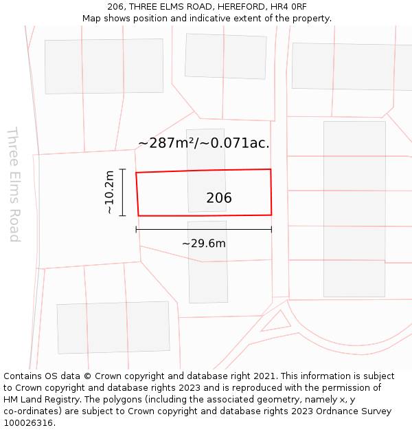 206, THREE ELMS ROAD, HEREFORD, HR4 0RF: Plot and title map