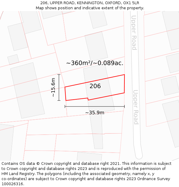 206, UPPER ROAD, KENNINGTON, OXFORD, OX1 5LR: Plot and title map