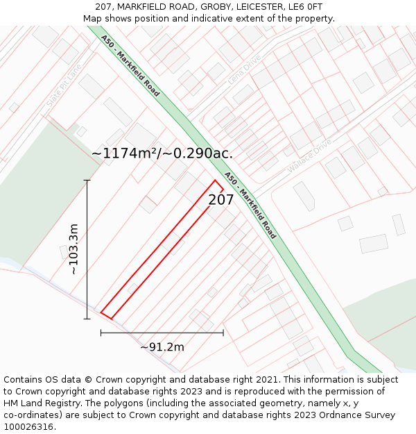 207, MARKFIELD ROAD, GROBY, LEICESTER, LE6 0FT: Plot and title map