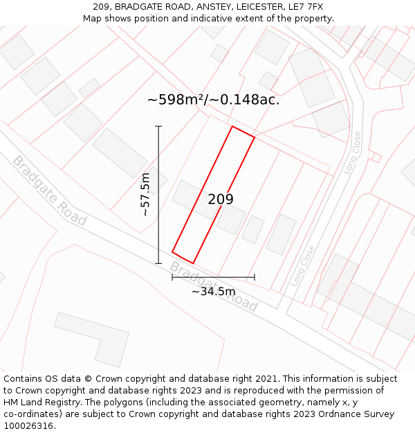 209, BRADGATE ROAD, ANSTEY, LEICESTER, LE7 7FX: Plot and title map