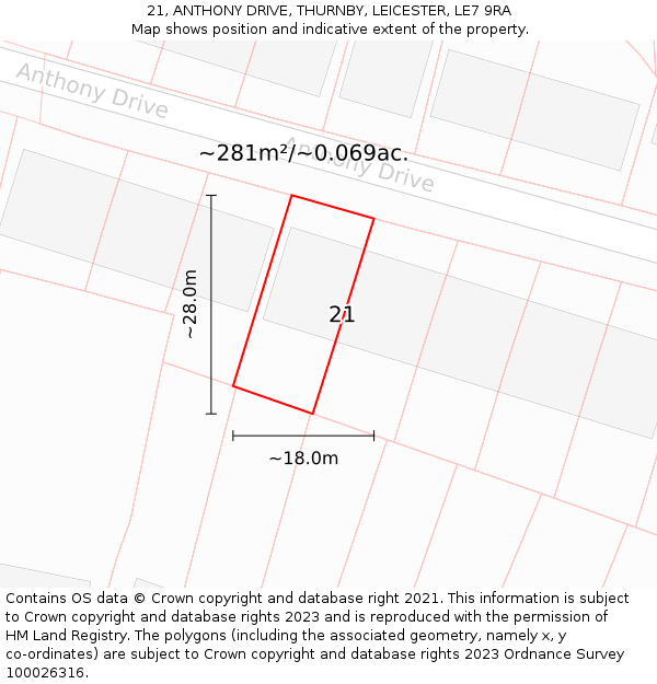 21, ANTHONY DRIVE, THURNBY, LEICESTER, LE7 9RA: Plot and title map