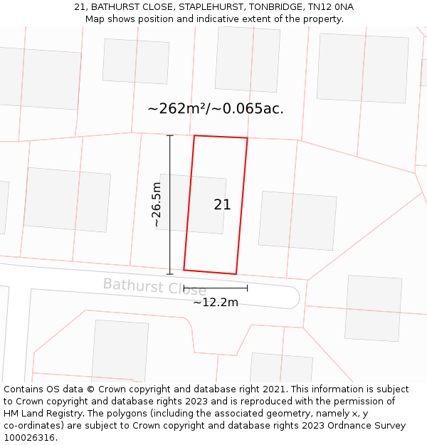 21, BATHURST CLOSE, STAPLEHURST, TONBRIDGE, TN12 0NA: Plot and title map