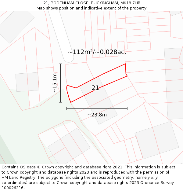 21, BODENHAM CLOSE, BUCKINGHAM, MK18 7HR: Plot and title map