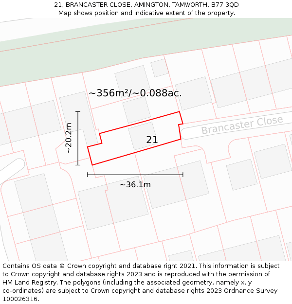 21, BRANCASTER CLOSE, AMINGTON, TAMWORTH, B77 3QD: Plot and title map