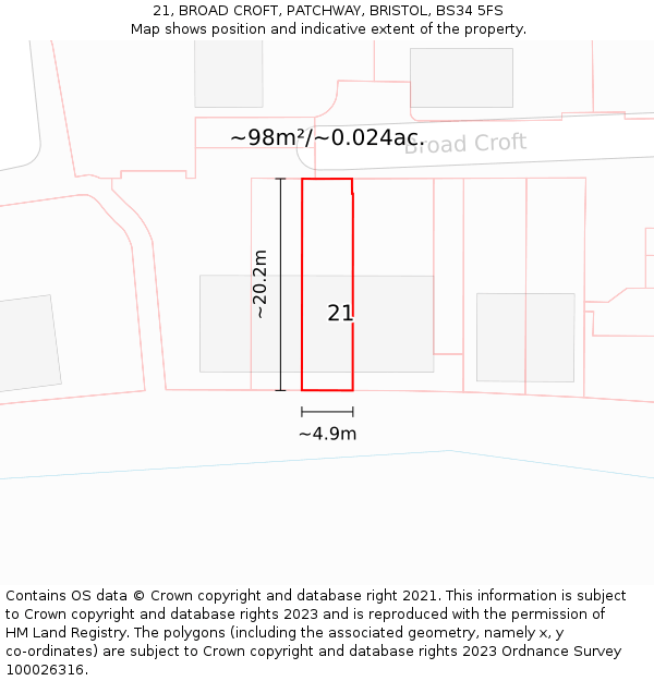 21, BROAD CROFT, PATCHWAY, BRISTOL, BS34 5FS: Plot and title map